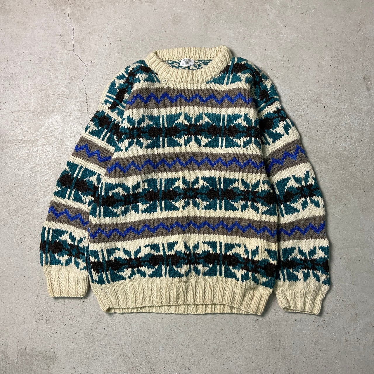 RUNA MAKI エクアドル製 総柄 ウールニットセーター ハンドニット メンズXL 古着 ハンドメイド ヴィンテージ VINTAGE  ナチュラルカラー グリーン ブルー グレー ブラウン 【ニットセーター】/マルチカラー【CS2312-AL1】【SS2401-30】 | cave  ...