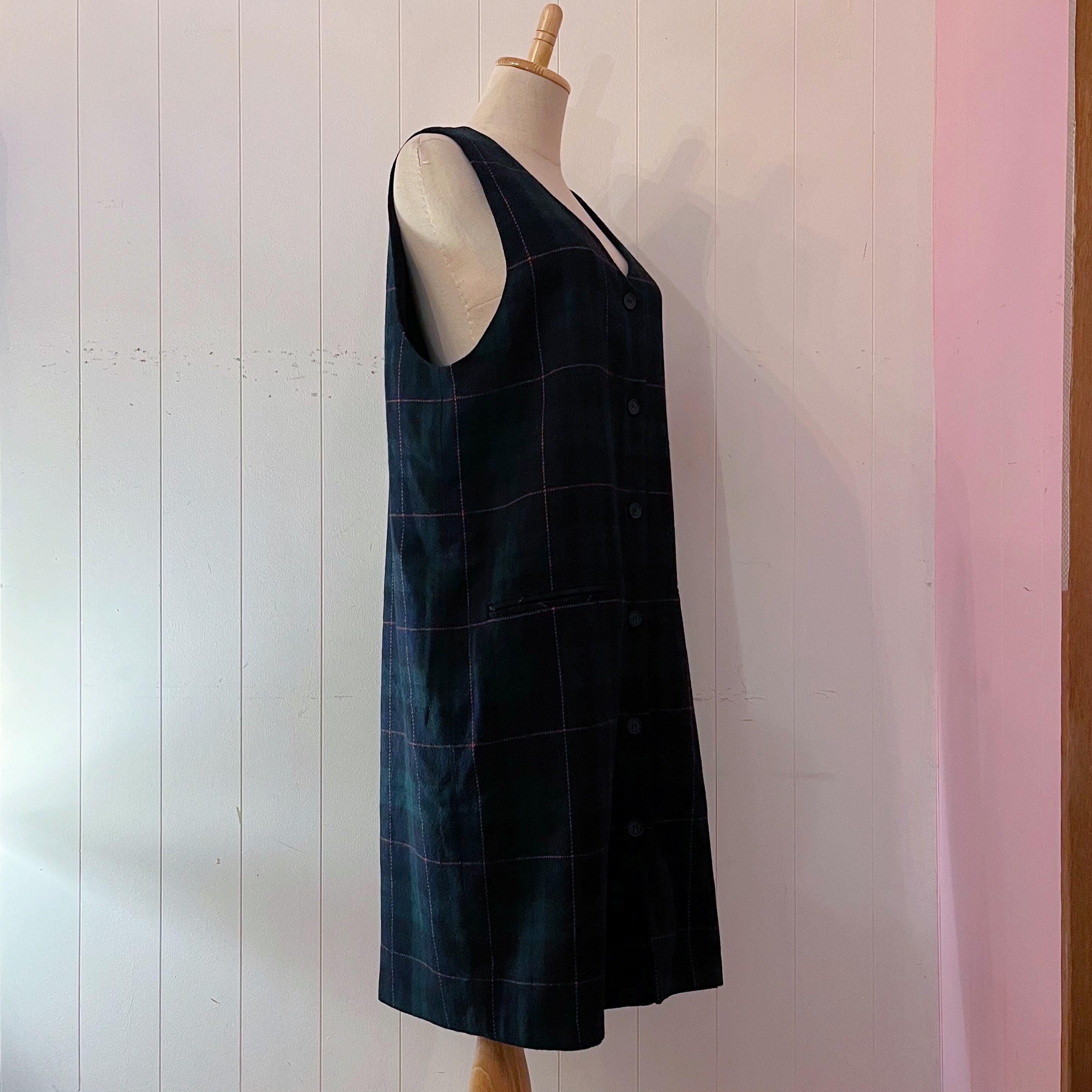 green chek front button jumper skirt