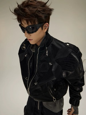 FLYERRER 23FW Velvet Panel Hooded Biker Jacket