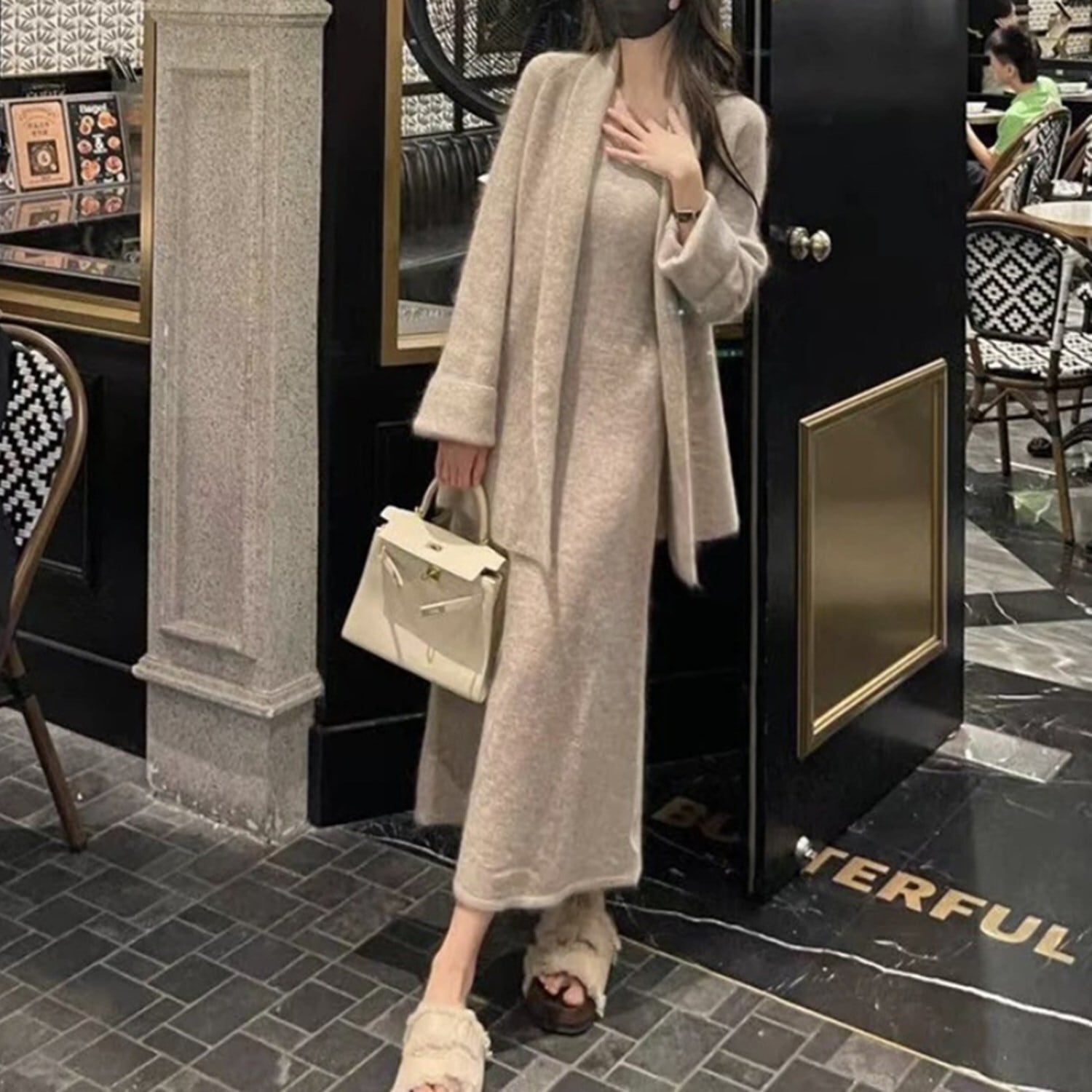 set】カーディガン×ノースリーブニットワンピースセット N2242 | nanastyle