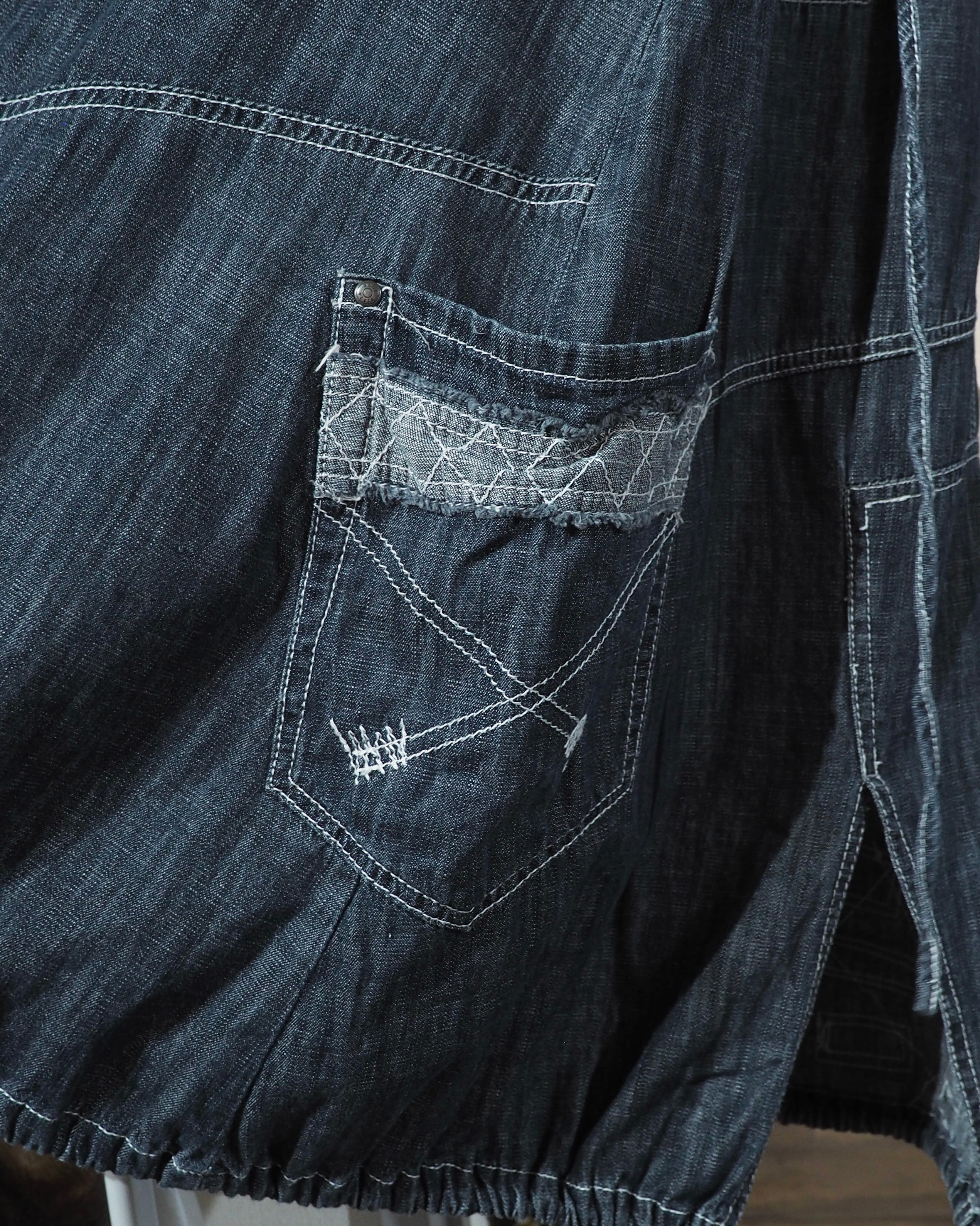 Random Patchwork × White stitch Embroidery vintage Indigo Denim Onepiece
