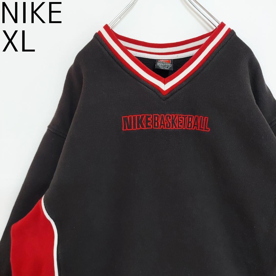 NIKE ナイキ ロゴ刺繍 スウェット Vネック バスケットボール XL 黒 赤