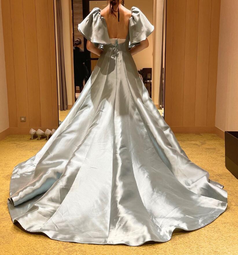 ウェディングドレス フレンチスリーブ 薄青 ファスナー Aライン  