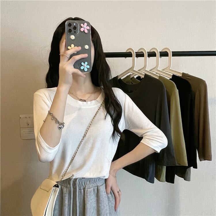 薄手スリム半袖スリーブTシャツ サマーカラーニットトップス ショート ハーフスリーブ 夏物 ピュア クレセントシティ25200590384