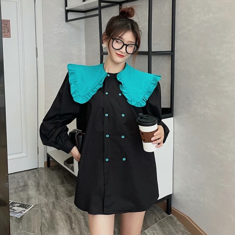 オータムドレス ルーズ薄手カラー長袖スリーブスタイルシャツ ロング 秋物 ハンチェンe46587228926