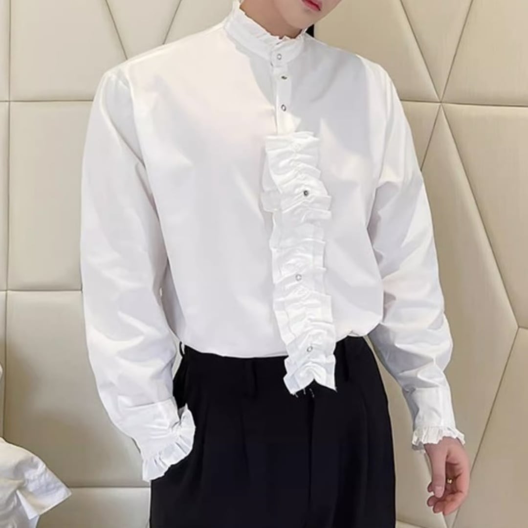 【美品】スタンドカラーシャツ デザイン ホワイトフリルDSQUARED2 42 スタンドカラー 長袖フリルシャツ 2カラー D10350 | 韓国メンズ
