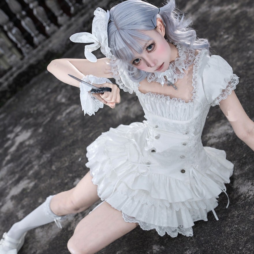 ロリータファッション ミニワンピース5点セット 帽子付き 黒白