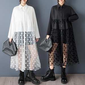 大きいサイズ 新品 春秋ドット柄 シアー チュール 長袖　 シャツワンピース