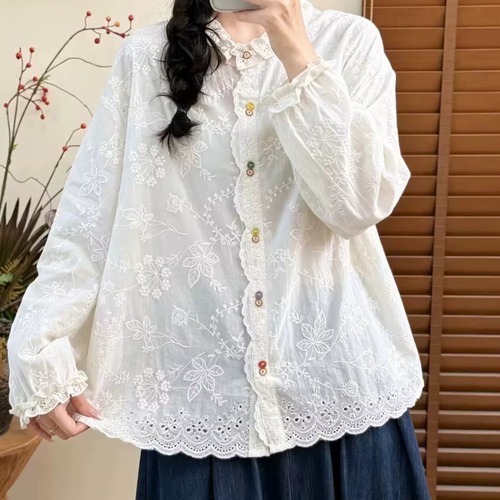 3色/Wボタンボタニカル刺繍ブラウス ・12480