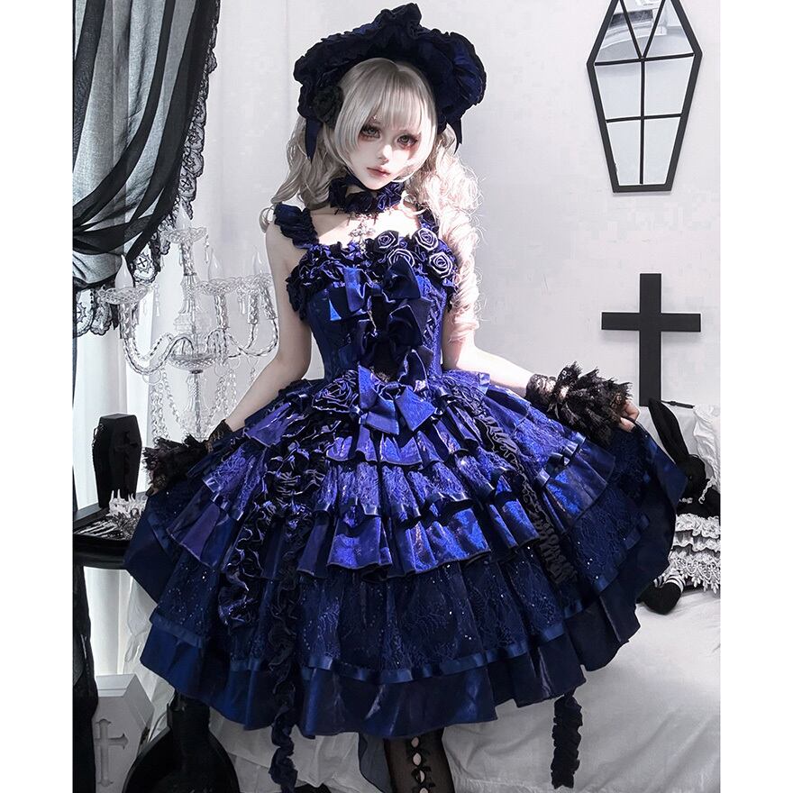 大人ゴシック セットアップ 青薔薇×夜蝶ドレス 姫袖シャツ×JSK｜WithU