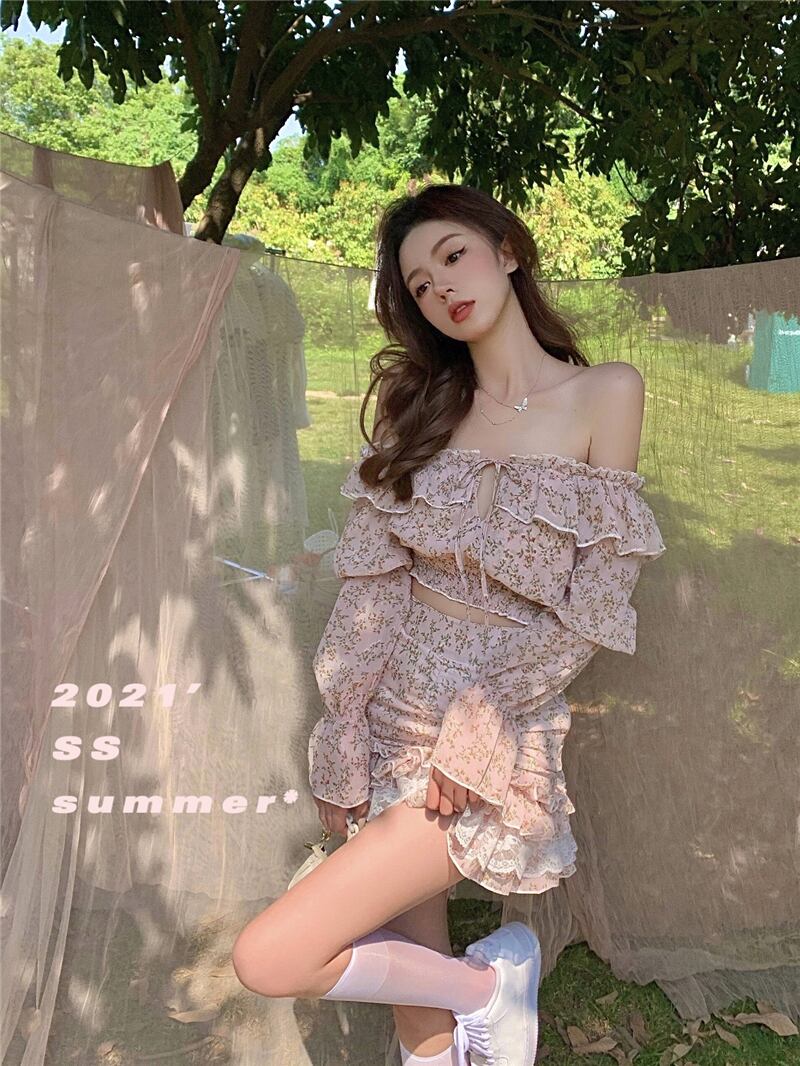 フローラルシフォンシャツ サマーショート薄手 ロング リボン 夏物 花柄 ブラックストロベリース9188785898