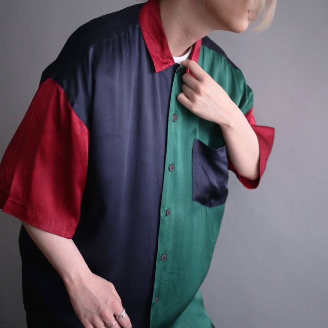 switching color pattern h/s silk shirt