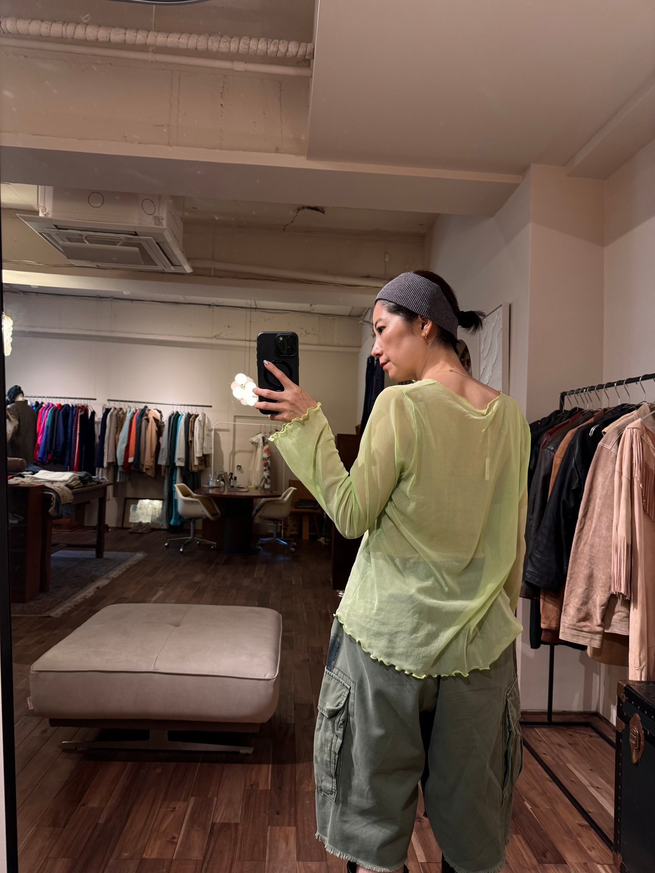 【フランス製】透け感シアメッシュ シアー長袖カットソー／ライムグリーン