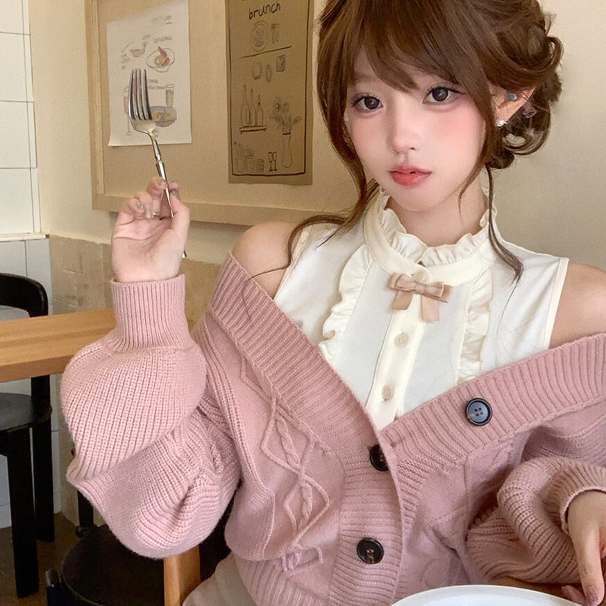 【set】リボンフリルノースリーブトップス×カーディガンセット N3501