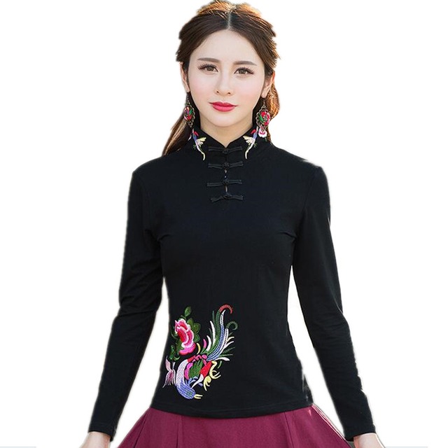 Camisetas mujer中国スタイル秋冬新長袖刺繍入りシャツスリムスタンド襟大きいサイズブラウス0810