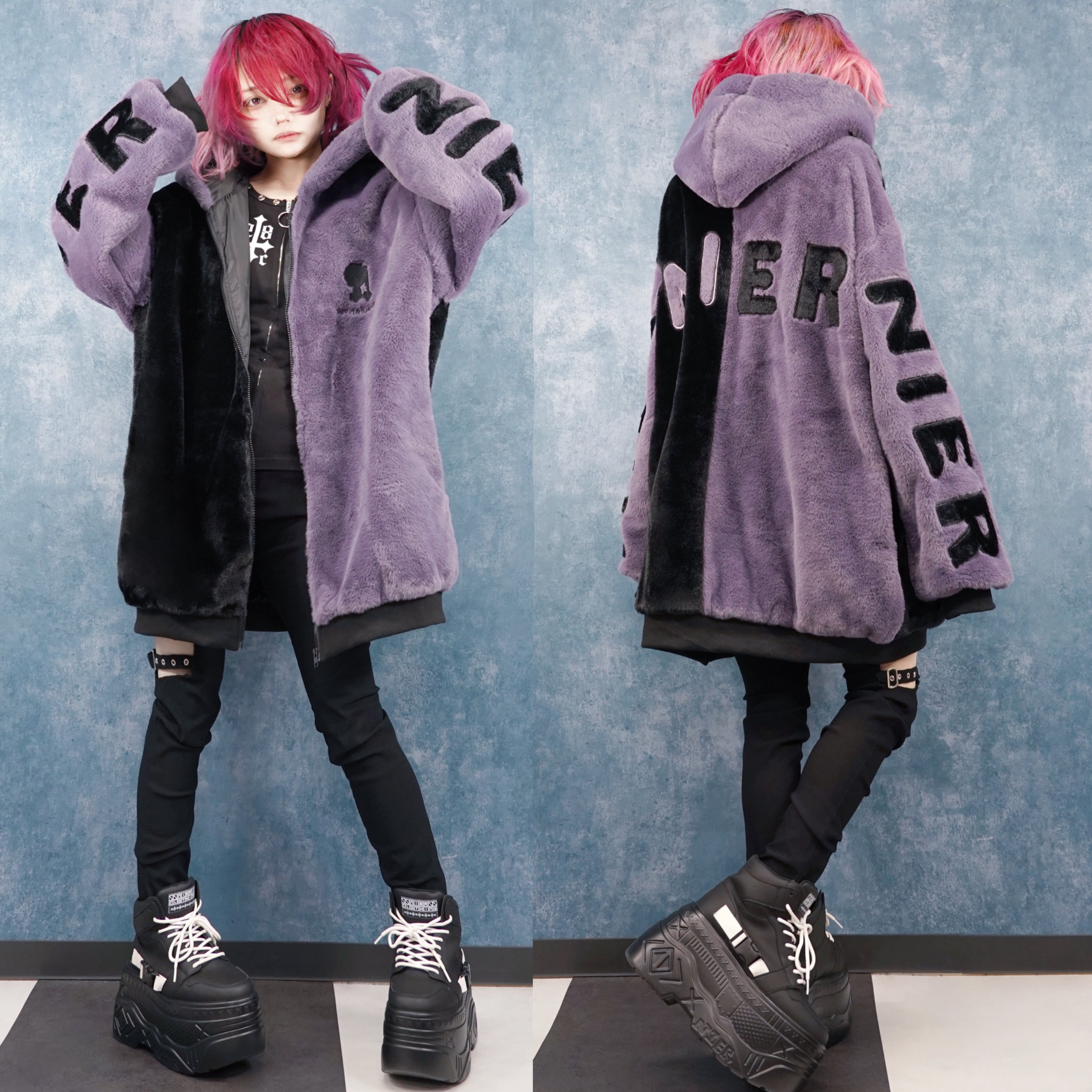 超ふわもこ】TWO-TONE ZIP OUTER -BLACK×PURPLE- | NIER CLOTHING