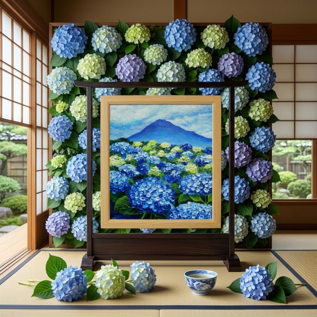 油絵 絵画【青の情景 〜富士と紫陽花の咲く丘〜】油彩画 風景画