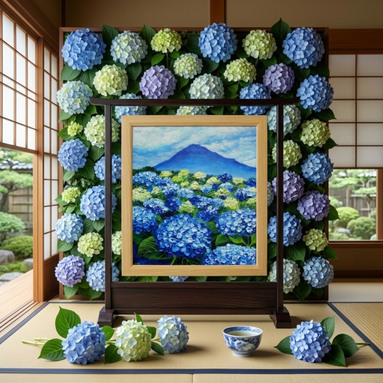 油絵 原画「青の情景 〜富士と紫陽花の咲く丘〜」色紙サイズ 額縁・ラッピング付 油絵 絵画【青の情景 〜富士と紫陽花の咲く丘〜】油彩画 風景画