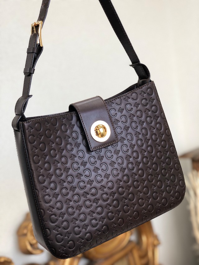 CELINE　セリーヌ　ブラゾン型押し　ターンロック　レザー　ホーボー　ワンショルダーバッグ　ブラウン　vintage　ヴィンテージ　オールドセリーヌ　av8de5