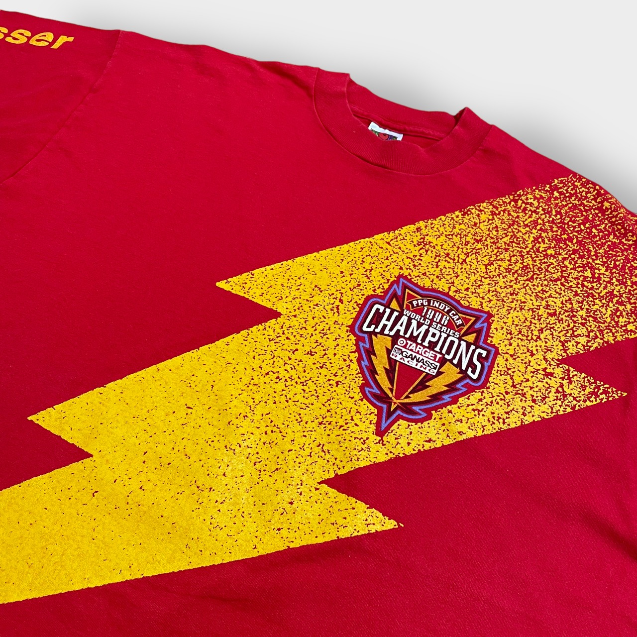 【FRUIT OF THE LOOM】90s USA製 レーシングTシャツ インディカーレース 袖プリント シングルステッチ indy car レッド XL ビッグサイズ OLD ビンテージ us古着