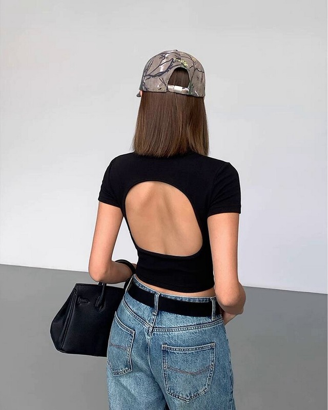 オープンバックTシャツトップス 2color A0345