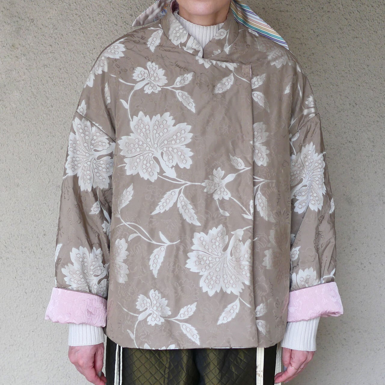 172【ピンクの国】あの綿入りマンダリンジャケット(ピンク✕ベージュ)