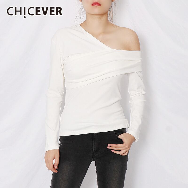 CHICEVERセクシーのTシャツ女性非対称襟長袖オフショルダースリムTシャツ女性黒秋2021 ロング ブラック オータム 秋物 6base592173171683