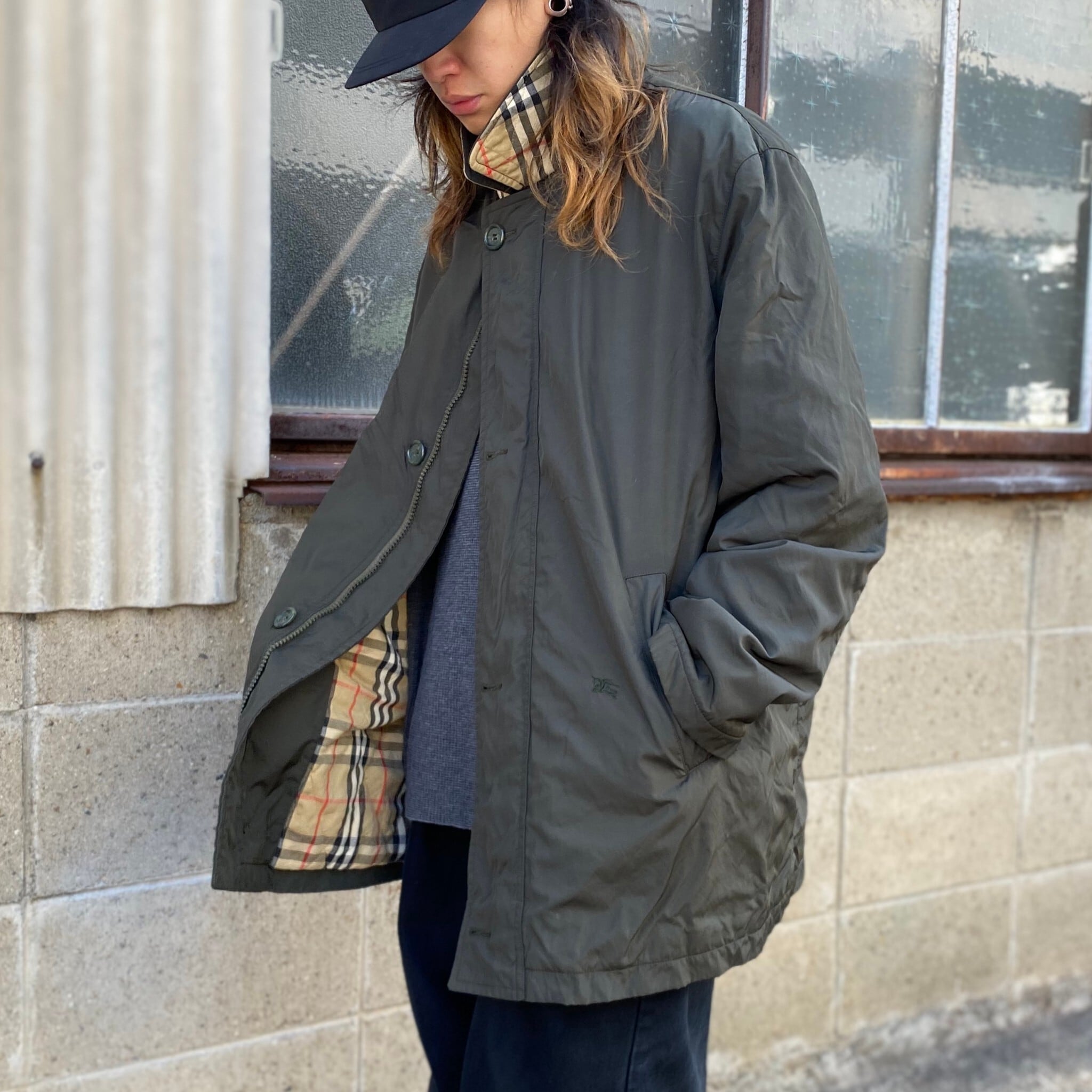 Burberry S バーバリー ポリエステル ナイロン ステンカラーコート メンズl相当 古着 バルマカーンコート 裏地バーバリーチェック カーキ オリーブグリーン ハーフコート コート Cave 古着屋 公式 古着通販サイト