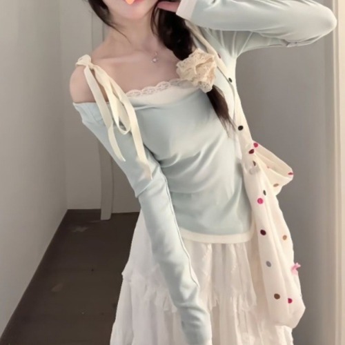 【2点セット】アシメリボンオフショルトップス＋ティアードマキシスカート ・78913
