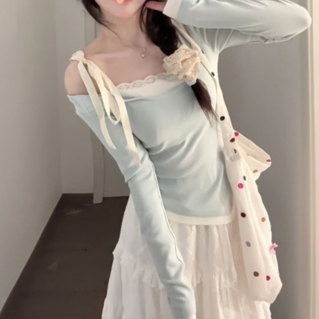 【2点セット】アシメリボンオフショルトップス+ティアードマキシスカート ・78913