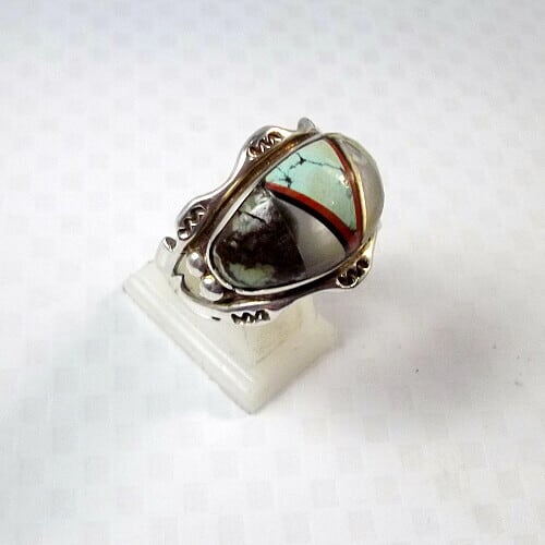 インディアンジュエリーシルバー925製ターコイズ、シェルインレイバックル