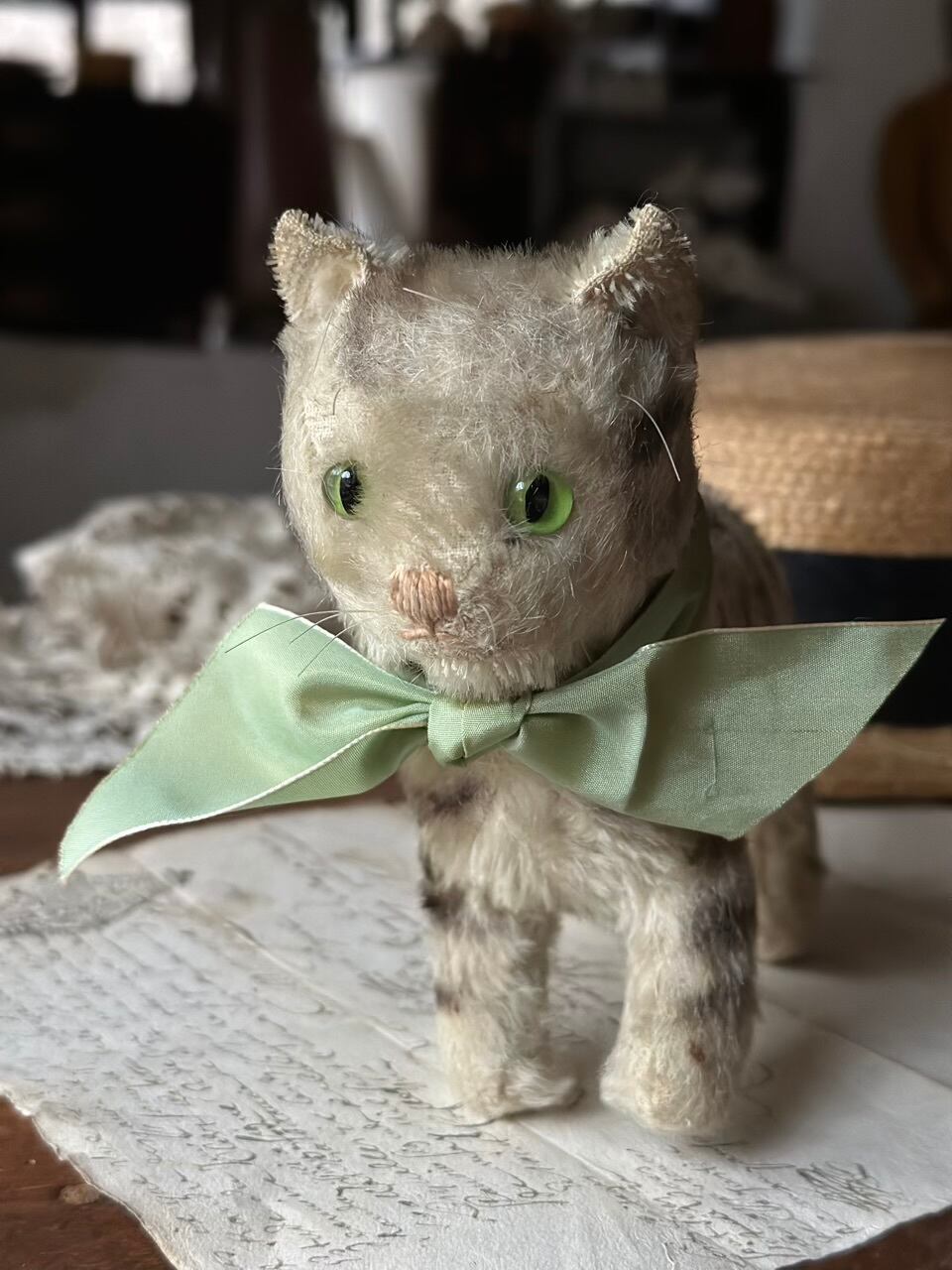 ねこのぬいぐるみ 薄いグリーンの目 リボン 猫 | Brocante de La