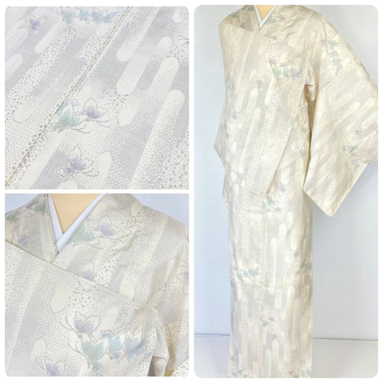 未使用 白大島 高島屋謹製 本場大島紬 蔦の葉 白 グレー 紫 水色 875 | kimono Re:和 [online store] キモノリワ  着物 帯