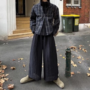 チェック柄プリーツネックデザインシャツ　0867