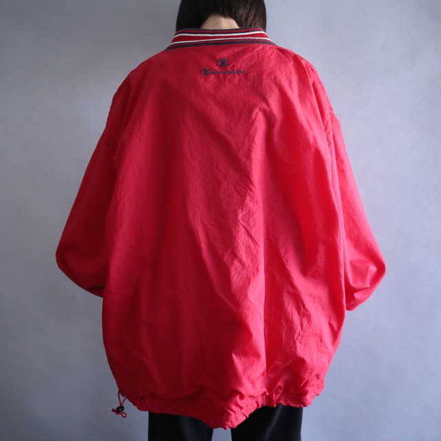 "Champion" knit rib design over silhouette red nylon pullover