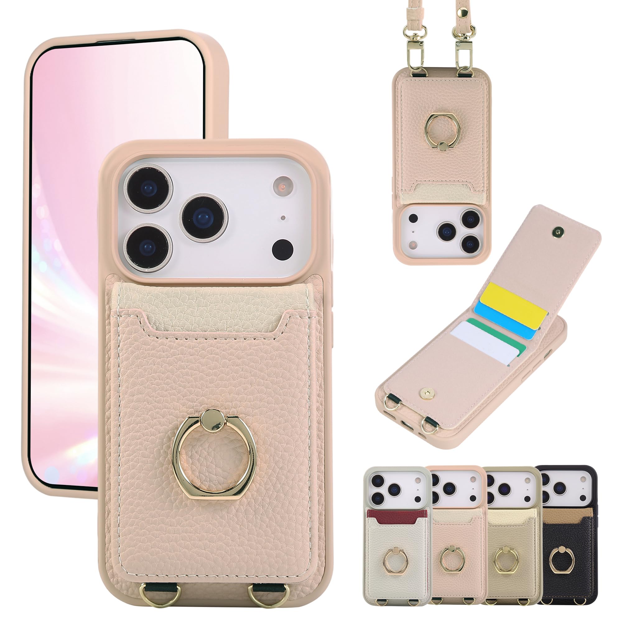TENSIK iPhone 18 Pro/iPhone 17 Pro 用 ケース 背面手帳型 ショルダー リング付き ピンク