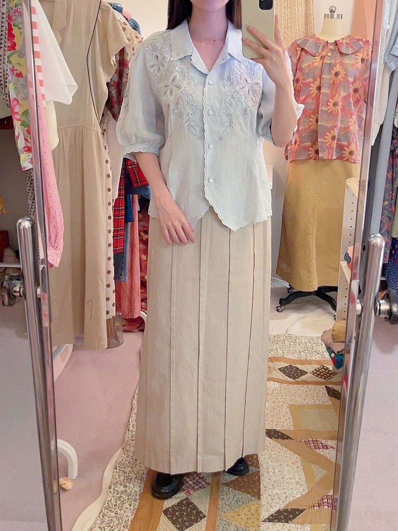 light blue flower embroidery blouse