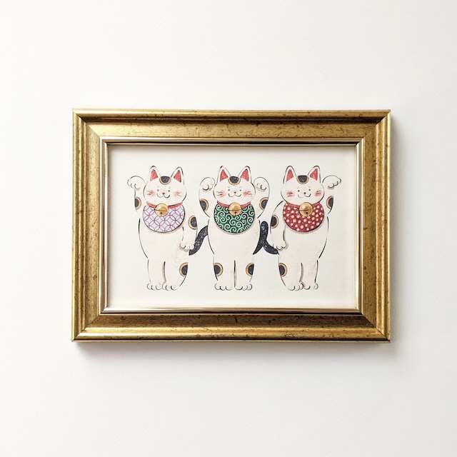 ポストカードサイズ 招き猫トリオ アートプリント/イラスト複製画