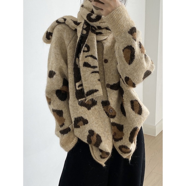 leopard muffler animal ovresize knit cardigan 2litr05839