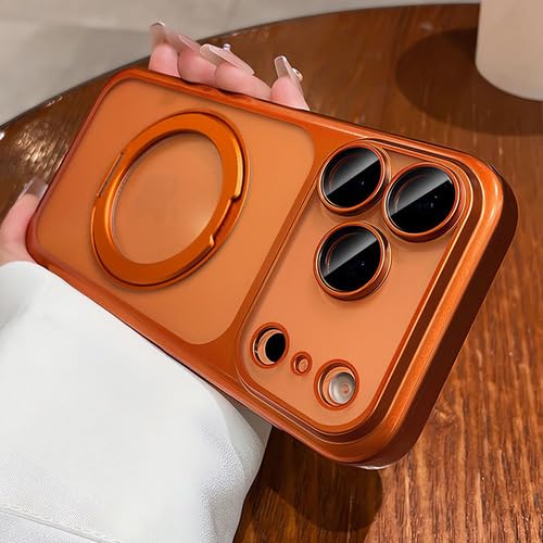 iPhone17 用 ケース マグセーフ互換 リング マグネット 搭載 360°回転スタンド 縦横両対応 半透明つや消し デザイン レンズプロテクター付き衝撃吸収 高耐久性 6.3 インチ(スターユニバースオレンジ)