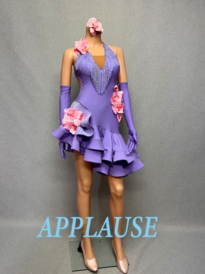 【新着】社交ダンス ドレス　ラテンドレス　ラベンダー（ピンクフラワー）　M   LA-26-2　  デモ・競技用ドレス　発表会衣装　パーティドレス　ワンピース　舞台衣装