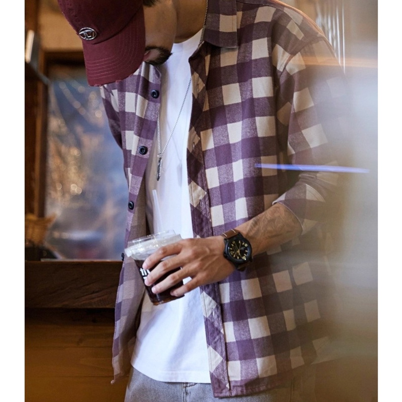 Long Sleeve Block Check Regular Collar Shirt ◇H0876