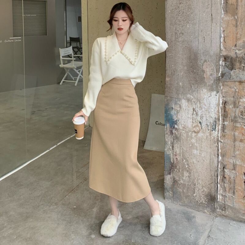 オータムウィンタースタイルスタンダードスリムパールニットセーター ハイウェストウェストスカート レディース レトロ 秋物 冬物 真珠 ステッチ YY-ファッション7960992442