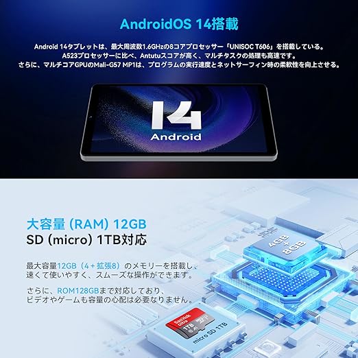 タブレット8インチ】 Android 14 タブレットWidevine L1 専用ケース