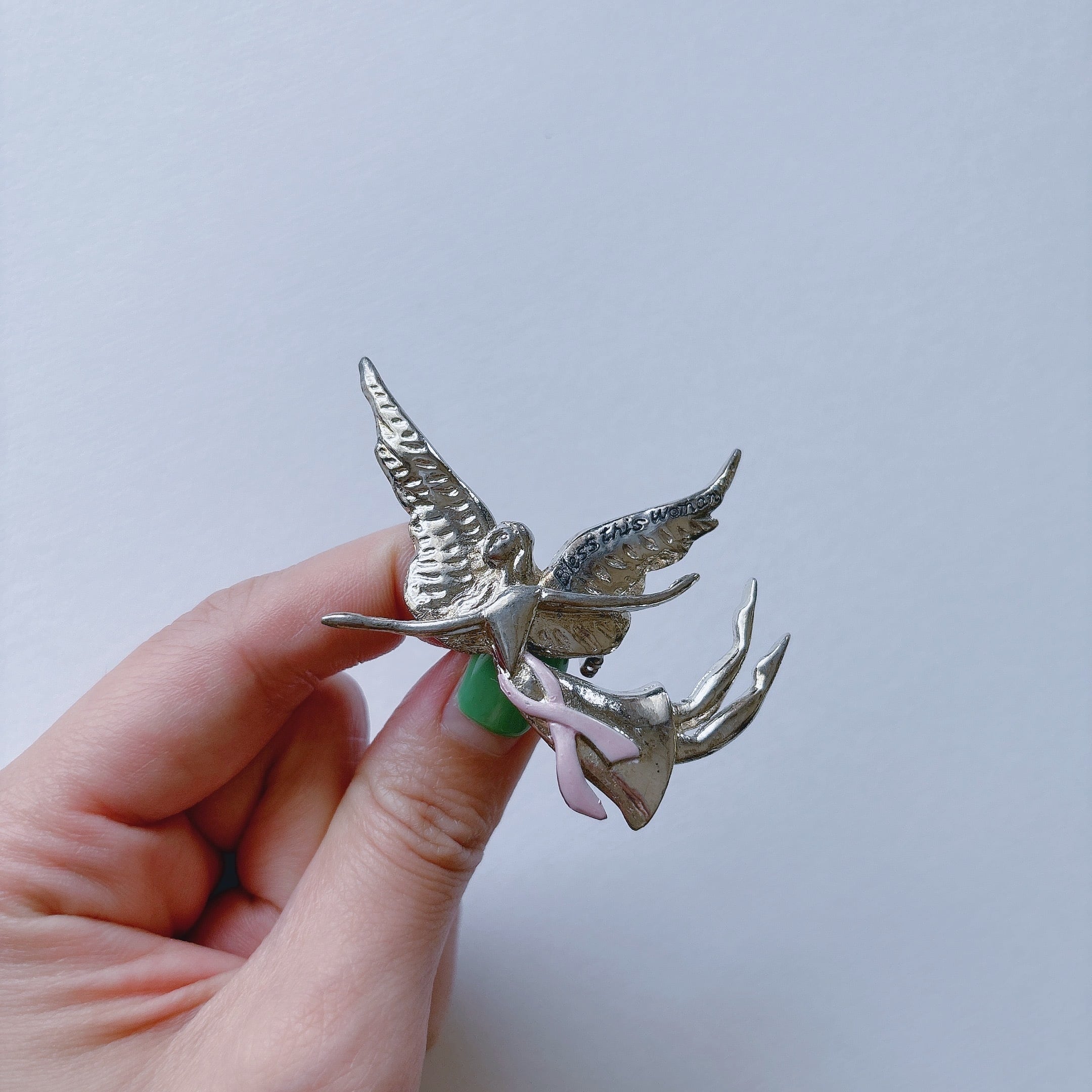 Vintage 90s - 00s silver tone angel pink enamel ribbon brooch