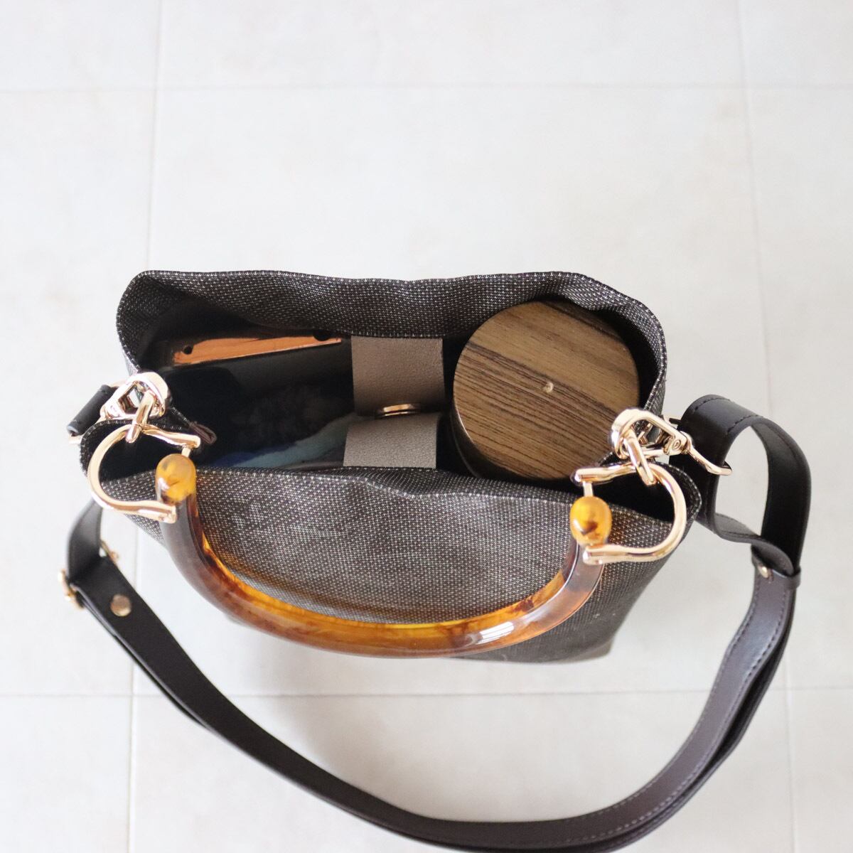 One Handle Bag 17/大島紬ブラック更紗模様/大島紬リメイクバッグ