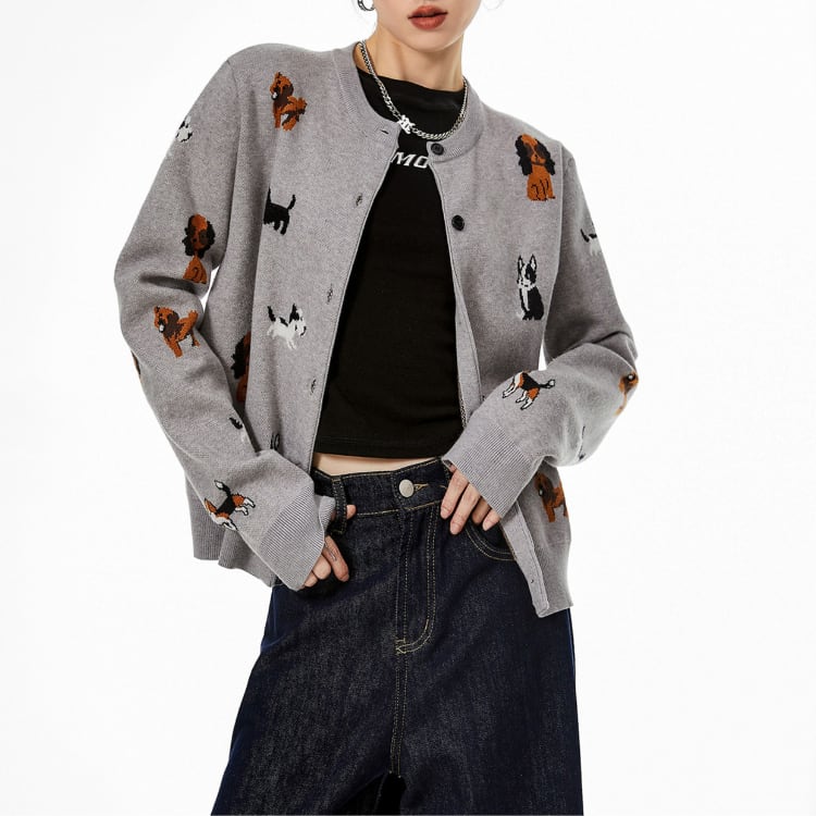 犬柄プリントショート丈ニットカーディガン ◆2col R30098