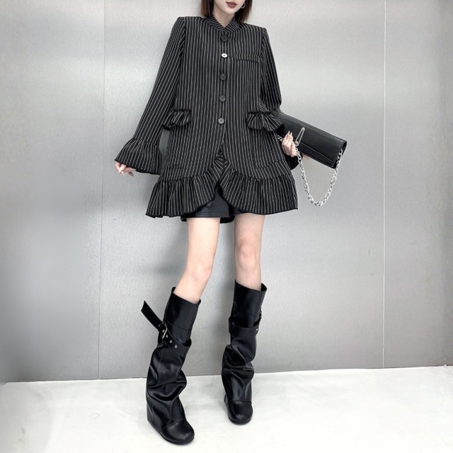 Pinstripe ruffle detail long shirt C1630