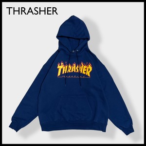 【THRASHER】フレイムロゴ プリント パーカー プルオーバー スウェット フーディー hoodie M ネイビー スラッシャースケートボード スケーター ボード us古着