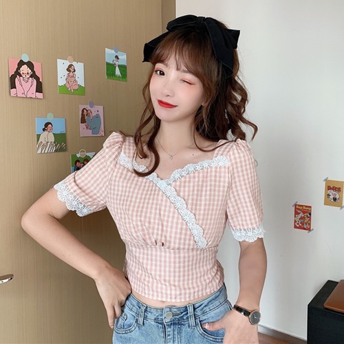✞ ショートチェック柄シャツブラウスレースVネック♥カワイイ♥ウエストすっきり☆着痩せ スウィート ステッチ ✞ゴスロリ SM ミリ 甘ロリ クラロリ 和ロリ エレガント 黒ロリ 姫ロリ 華ロリ BB-BB7349276